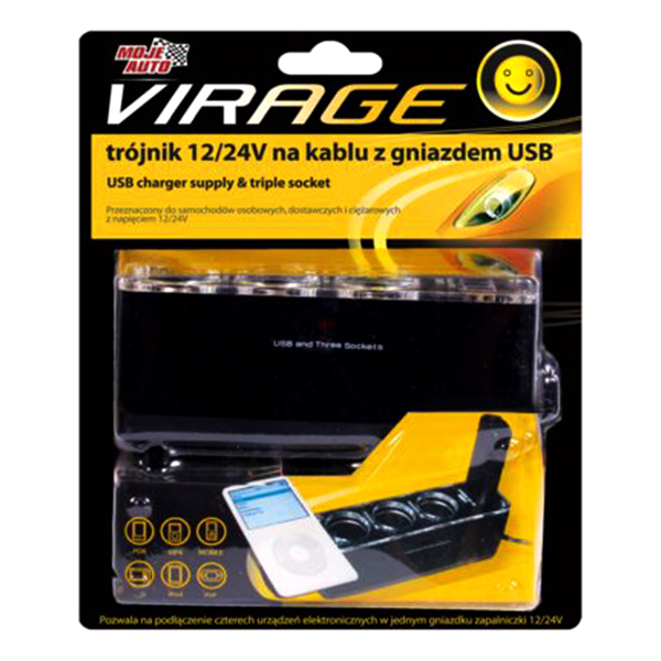 VIRAGE TRÓJNIK 12/24V NA KABLU Z GNIAZDEM USB